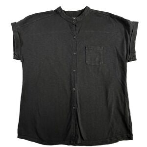 American Giant Button Shirt Women's XL Black Band Collar Rolled‎ Short Sleeves